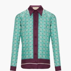 Gucci Turquoise and Plum Logo Blouse Silk Long Sleeve Sz 46